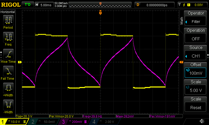 40Hz bipolar square-wave voltage and shark-fin solenoid holding-current waveform