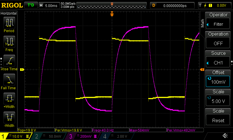40Hz bipolar square-wave current with solenoid plunger held out, showing high inrush current