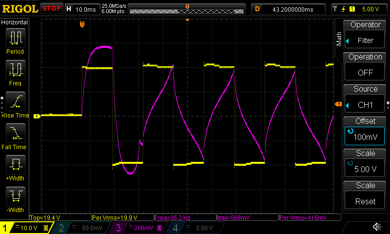 Bipolar square-wave solenoid current transitioning from inrush to holding as the plunger pulls in