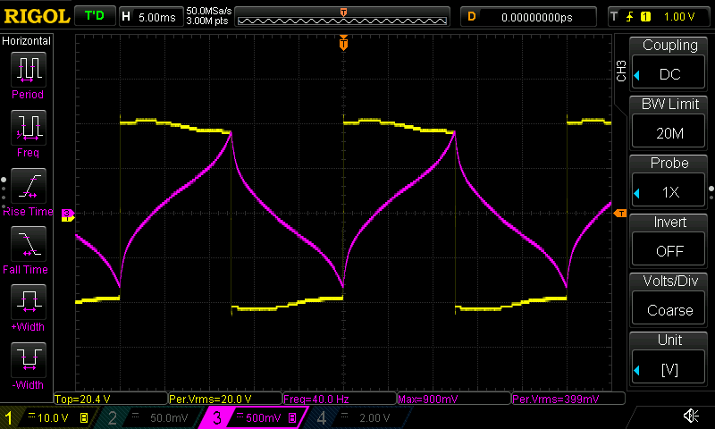Furnas pump-start contactor holding-current waveform under 40Hz bipolar square-wave drive