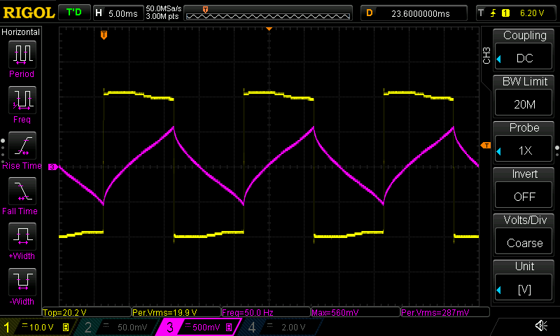 50Hz bipolar square-wave drive producing 287mA RMS relay holding current
