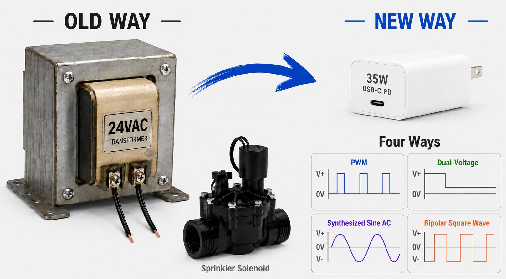 Four methods for driving sprinkler solenoids from USB-C instead of a 24VAC transformer